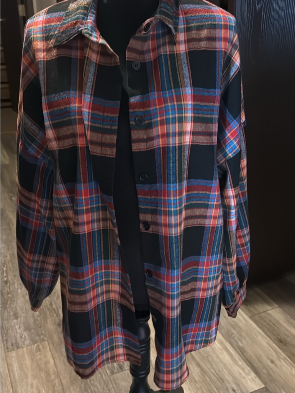 Plaid Button-Up Shirt Jacket in Black, Blue & Red